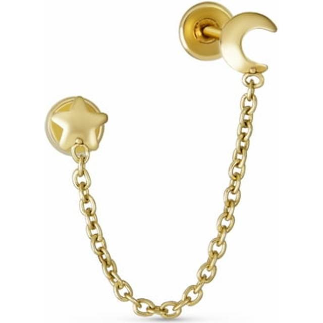 Unisex Small Simple Genuine Yellow 10K Gold Double String Chain Celestial Crescent Star 1pc Stud 2 Hole Earrings Ear Lobe Cartilage for Women Teens &