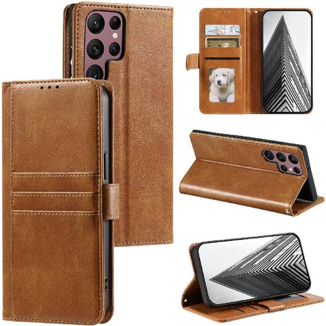 (Brown) Flip Case for Samsung Galaxy S22 Ultra Pu Leather Wallet 6 Card Slots Kickstand