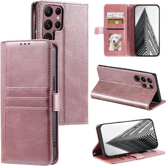(Pink) Flip Case for Samsung Galaxy S22 Ultra Pu Leather Wallet 6 Card Slots Kickstand