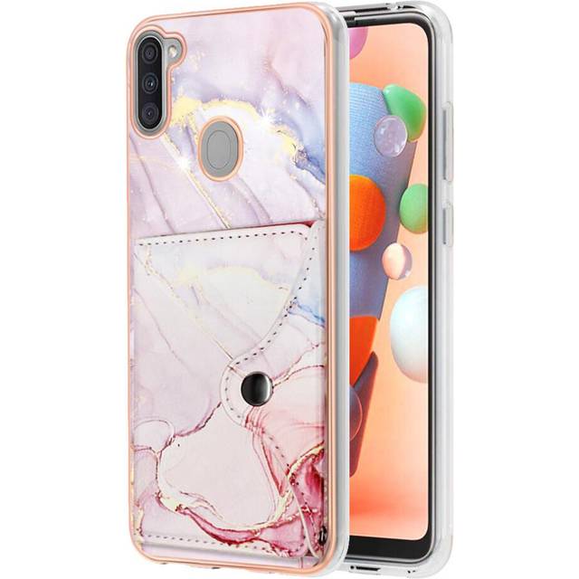(Pink) Case for Samsung Galaxy A11 Marble Soft Tpu Bumper Card Slots Slim Wallet