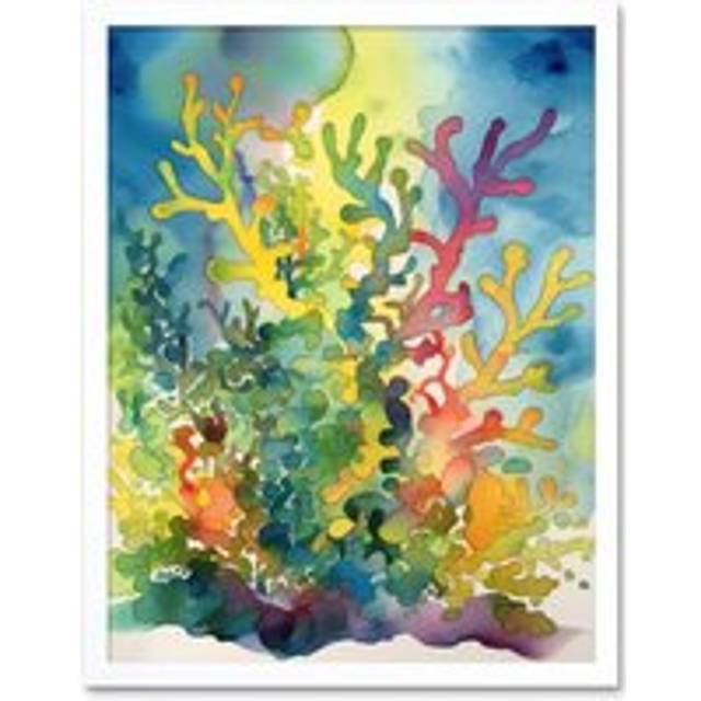 Wall Art Print Staghorn Coral Reef Folk Art Framed - White - W12 inch x H16 inch