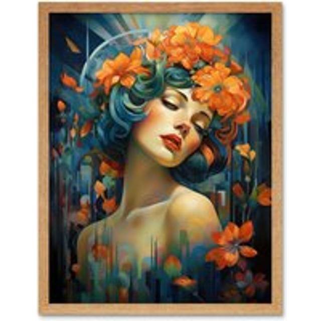 Wall Art Print Woman Portrait with Flowers Modern Art Deco Vibrant Artwork Orange Blue Floral Headband Art Framed - Light Oak - W12 inch x H16 inch