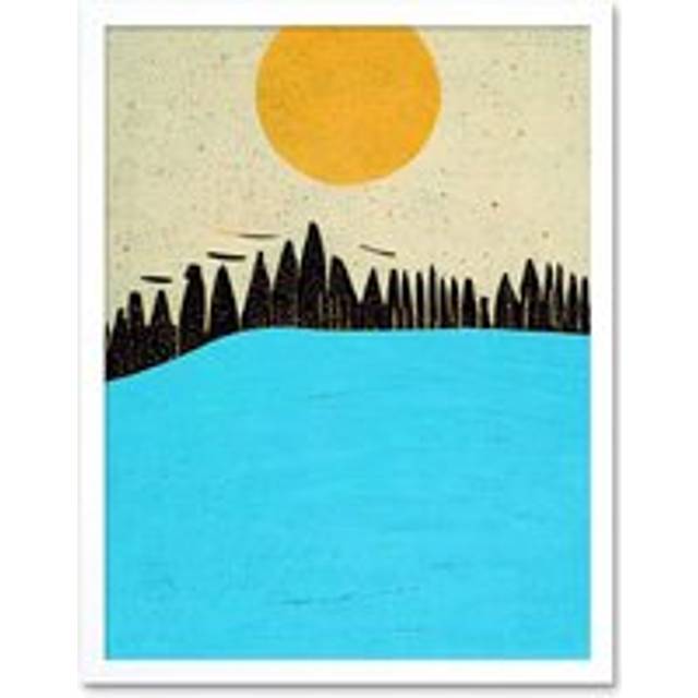 Wall Art Print Modern Boho Abstract Sea And Cliffs Large Yellow Summer Sun Art Framed - White - W12 inch x H16 inch