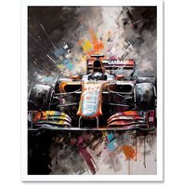 Wall Art Print Race Car Grand Prix Multicoloured Modern Art Framed - White - W12 inch x H16 inch