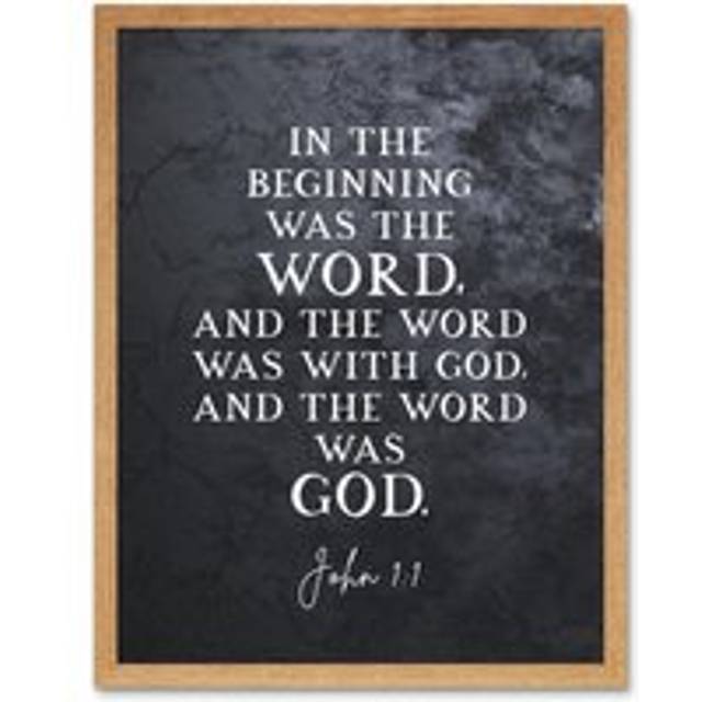 Wall Art Print John 1:1 The Word Was God Christian Bible Verse Quote Scripture Typography Art Framed - Tan - W12 inch x H16 inch