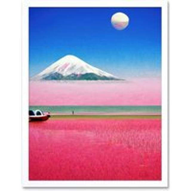Wall Art Print Surrealist Japan Mount Fuji Landscape Painting Art Framed - White - W12 inch x H16 inch