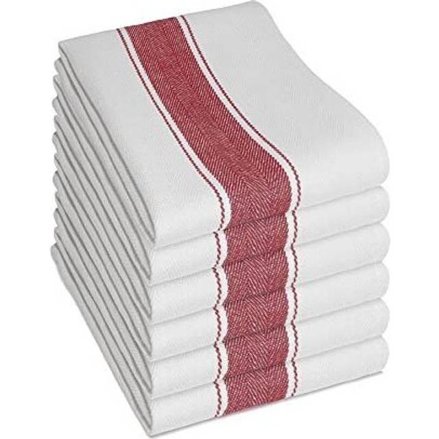 Pack of 6 Kitchen Tea Towels Large 100% Cotton Commercial Grade Towels Lint Free White Quick Drying, 75 x 50 cm, Red