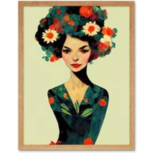 Wall Art Print Abstract Vintage Floral Female Portrait Orange Teal Navy Art Framed - Tan - W12 inch x H16 inch