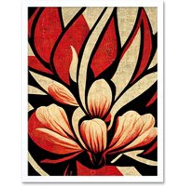 Wall Art Print Abstract Flowers Design Cream Red Black Vivid Bold Art Framed - White - W12 inch x H16 inch