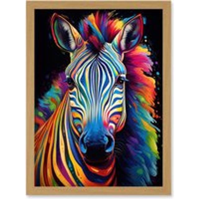 Wall Art Print Rainbow Striped Zebra Colourful Vibrant Bold Psychedelic Neon Impact Artwork Framed A4 - Tan - A4