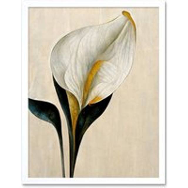 Wall Art Print Cala Lily Lilies Flower Abstract Minimalist Painting Cream Emerald Green Mustard Art Framed - White - W12 inch x H16 inch