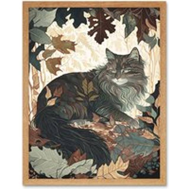Wall Art Print Norwegian Forest Cat Resting Under Bush Trees Modern Art Framed - Tan - W12 inch x H16 inch