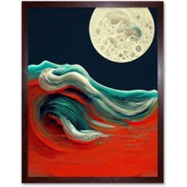 Wall Art Print Full Moon on Red Ocean Waves Swirl Abstract Painting Art Framed - Brown - W12 inch x H16 inch