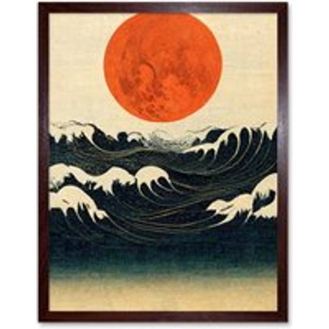 Wall Art Print Minimalist Large Orange Moon Over Ocean Waves Ukiyo-e Style Art Framed - Brown - W12 inch x H16 inch