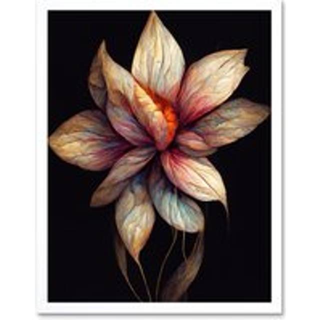 Wall Art Print Floral Abstract Botanical On Black Background Art Framed - White - W12 inch x H16 inch