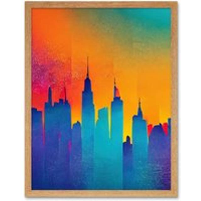 Wall Art Print Modern Abstract Warm Bright Colourful New York Sunset Skyline Art Framed - Tan - W12 inch x H16 inch