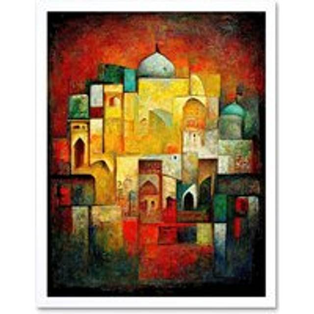 Wall Art Print Modern Asian Abstract City Oil Art Framed - White - W12 inch x H16 inch