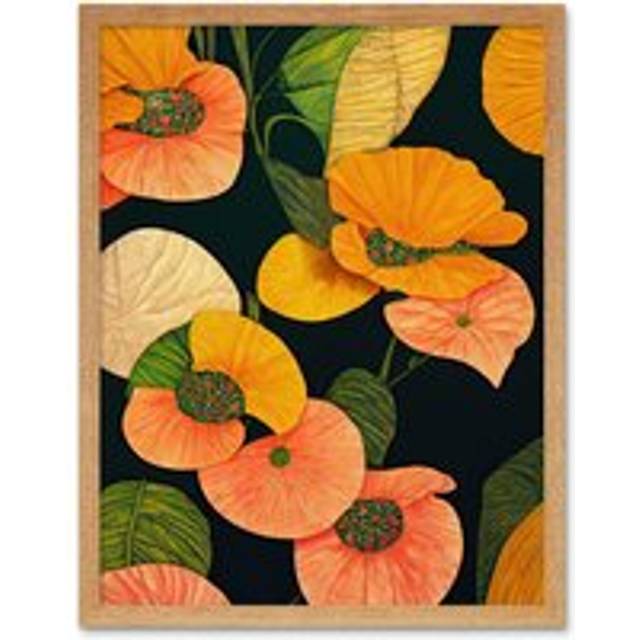 Wall Art Print Modern Tropical Lake Flowers Orange Yellow Peach Cream Warm Colours on Dark Green Art Framed - Tan - W12 inch x H16 inch