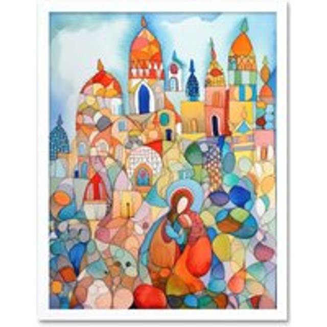 Wall Art Print Abstract Moroccan Cityscape Folk Art Framed - White - W12 inch x H16 inch