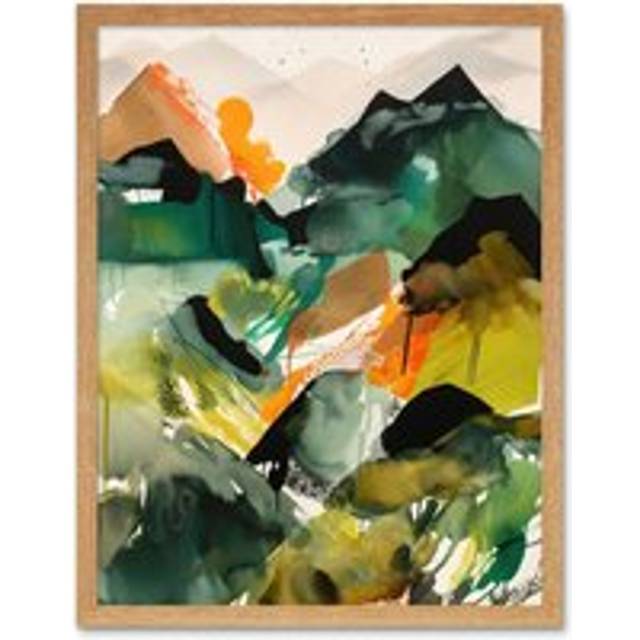 Wall Art Print Mountain Range Slopes Abstract Brushstroke Landscape Modern Watercolour Painting Art Framed - Tan - W12 inch x H16 inch