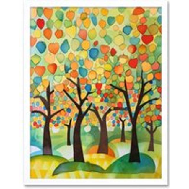 Wall Art Print Apple Tree Orchard Abstract Folk Art Landscape Watercolour Painting Art Framed - White - W12 inch x H16 inch