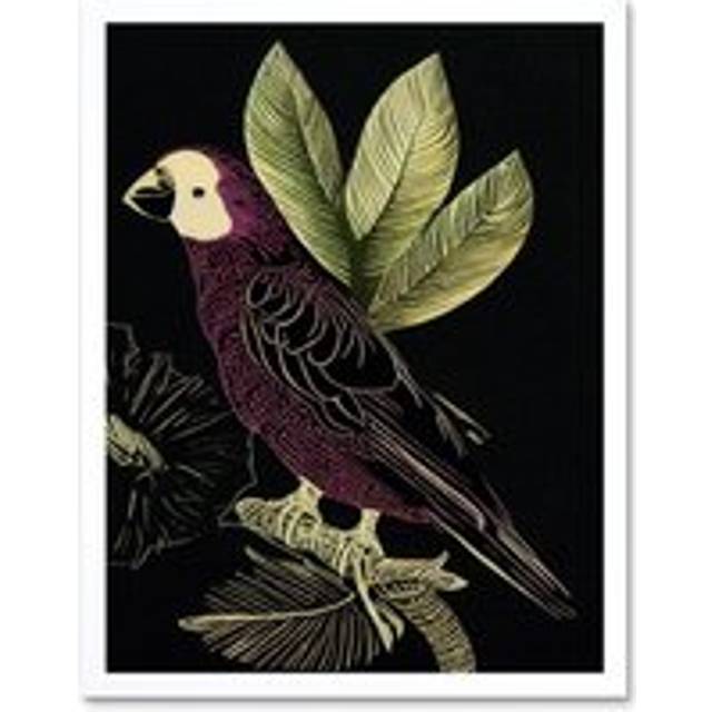 Wall Art Print Burgundy Parrot Leaves Tree Branch on Black Vintage Linocut Art Framed - White - W12 inch x H16 inch