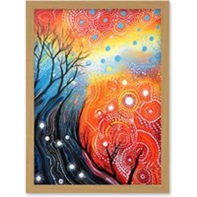 Wall Art Print Contemporary Aboriginal Artwork in Blue and Orange Vibrant Abstract Forest Trees and Stars Artwork Framed A4 - Tan - A4