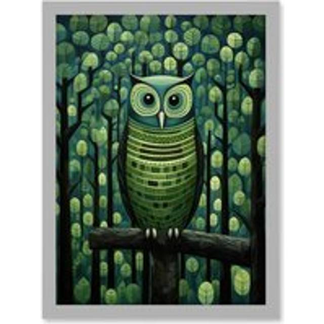 Wall Art Print Sage Green Owl Perched in Geometric Forest Night Dusk Artwork Framed A4 - Grey - A4