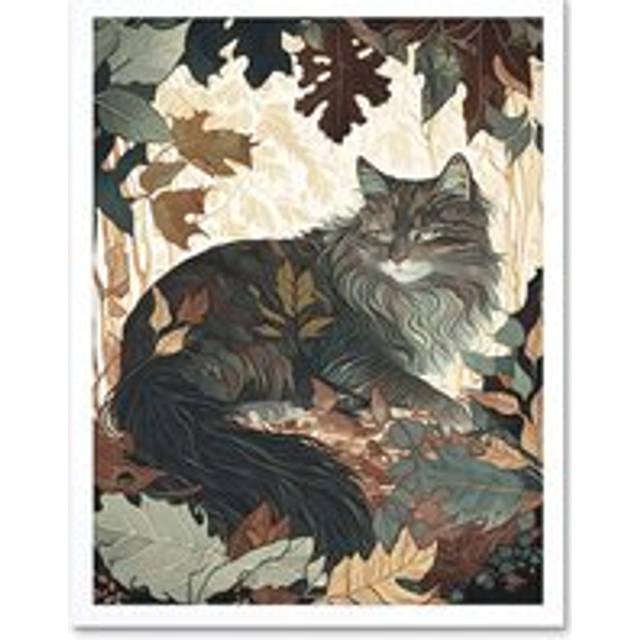 Wall Art Print Norwegian Forest Cat Resting Under Bush Trees Modern Art Framed - White - W12 inch x H16 inch