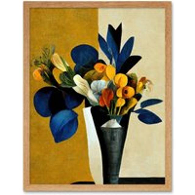 Wall Art Print Blue Mustard Ochre Orange Autumnal Abstract Bouquet Flowers Painting Art Framed - Tan - W12 inch x H16 inch