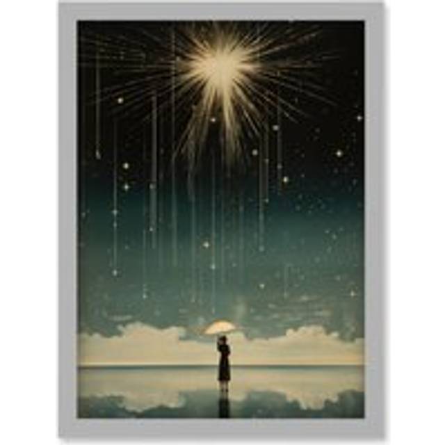 Wall Art Print Falling Star Rain Dreamy Artwork Bright Star Wish Woman with Umbrella Fairytale Dreamscape Artwork Framed A4 - Grey - A4