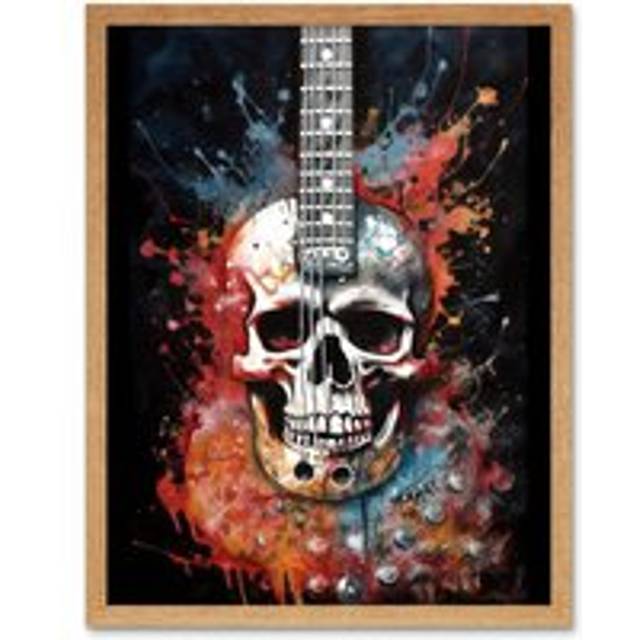 Wall Art Print Electric Skull Guitar Death Metal Music Concept Splatter Art Modern Acrylic Painting Art Framed - Tan - W12 inch x H16 inch