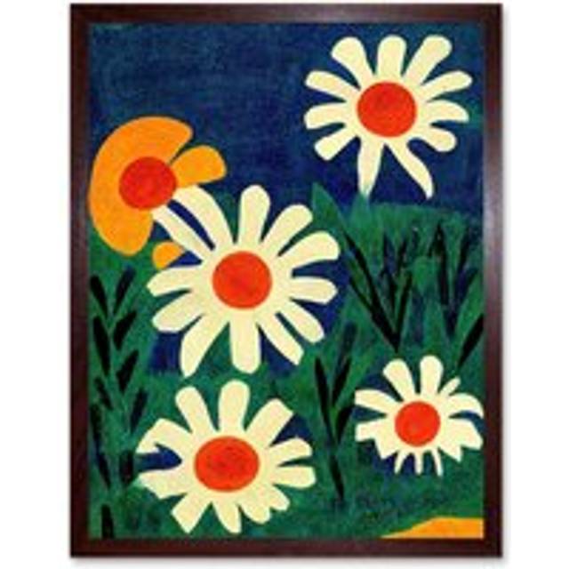 Wall Art Print Meadow of Daisies Floral Flower Matisse Vintage Style Red Cream Blue Green Painting Art Framed - Brown - W12 inch x H16 inch