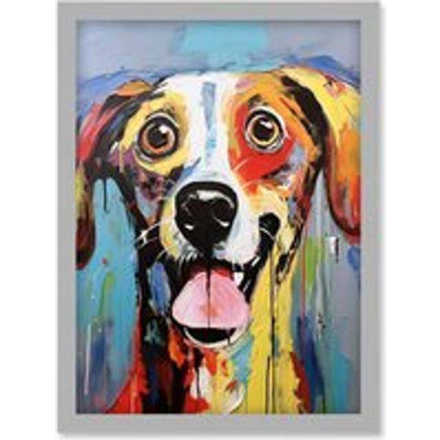 Wall Art Print Colourful Dog Portrait Artwork by Jason Brydson Happy Face Oil Painting Bold Bright Vibrant Artwork Framed A4 - Grey - A4