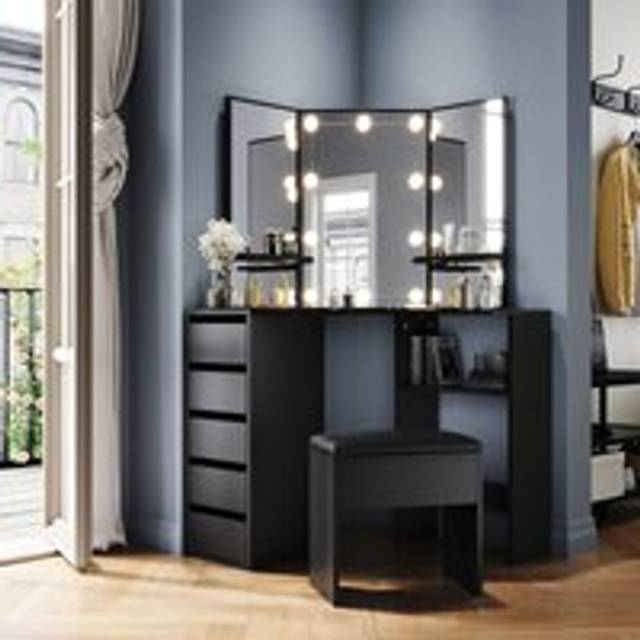 Elegant - Corner Dressing Table, led Vanity Makeup Desk Set with 3 Mirrors 5 Drawers, Black Bedroom Furniture Corner Curved Vanity Table with Stool