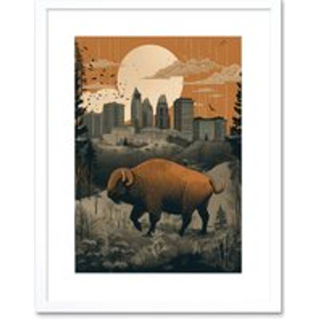 Wall Art Print Bison in Forest by Urban Cityscape Modern Landscape Artwork Framed 9X7 Inch - White - W7 inch x H9 inch