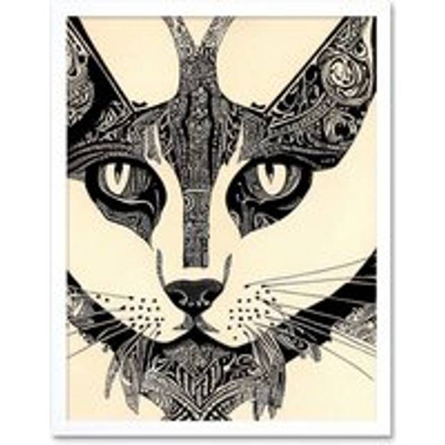 Wall Art Print Tribal Tattoo Cat Abstract Pencil Sketch Face Art Framed - White - W12 inch x H16 inch