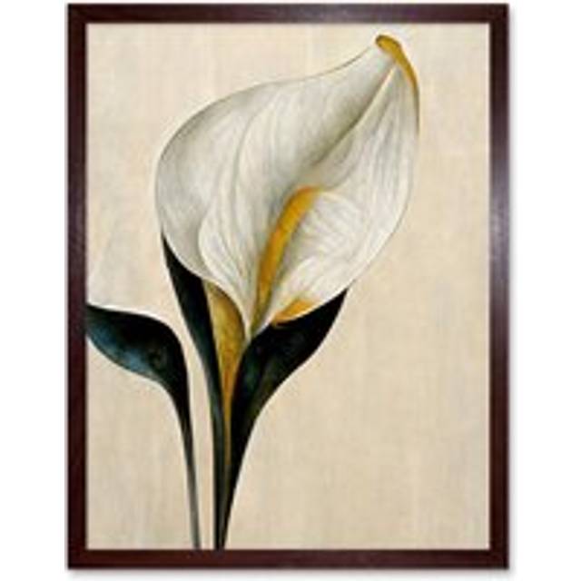 Wall Art Print Cala Lily Lilies Flower Abstract Minimalist Painting Cream Emerald Green Mustard Art Framed - Brown - W12 inch x H16 inch