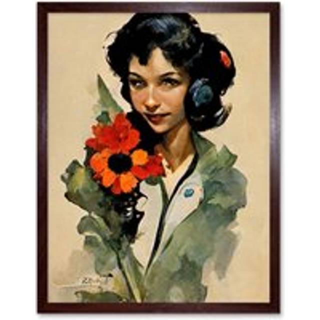 Wall Art Print Woman With Bouquet Watercolour Flowers Floral Art Framed - Brown - W12 inch x H16 inch