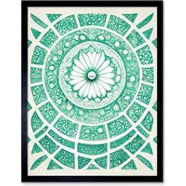 Wall Art Print Art Nouveau Monochrome Emerald Green Abstract Mandala Art Framed - Black - W12 inch x H16 inch