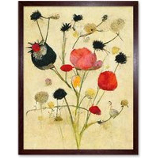 Wall Art Print Wild Flower Pastel And Ink Abstract Art Framed - Brown - W12 inch x H16 inch