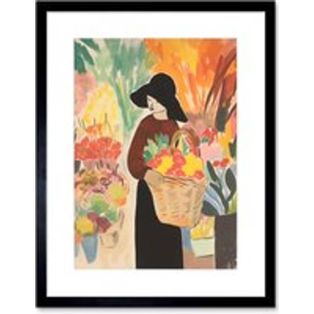 Wall Art Print At the Flower Market Danish Pastel Aesthetic Watercolour Painting Floral Bouquet Artwork Framed 9X7 Inch - Black - W7 inch x H9 inch