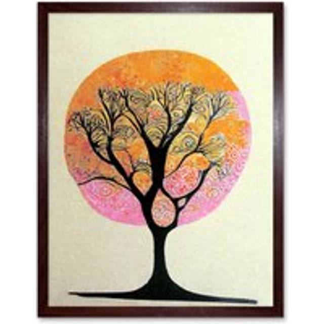 Wall Art Print Abstract Enchanted Quirky Tranquil Linocut Tree Silhouette Art Framed - Brown - W12 inch x H16 inch