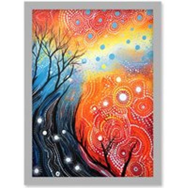 Wall Art Print Contemporary Aboriginal Artwork in Blue and Orange Vibrant Abstract Forest Trees and Stars Artwork Framed A4 - Grey - A4