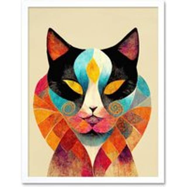 Wall Art Print Colourful Boho Abstract Cat Art Framed - White - W12 inch x H16 inch
