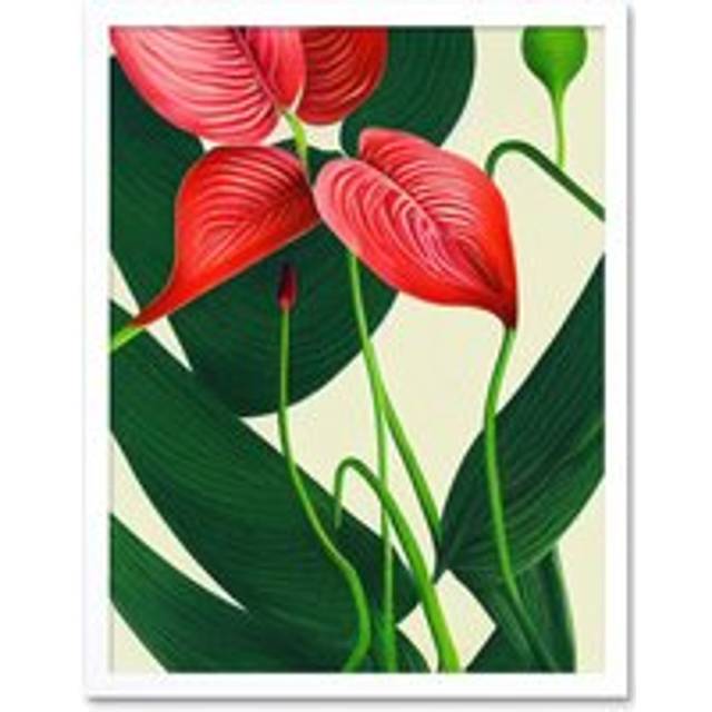 Wall Art Print Laceleaf Flower Floral Tropical Leaf Pink Anthurium Painting Art Framed - White - W12 inch x H16 inch
