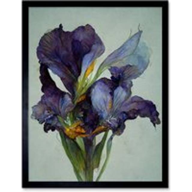 Wall Art Print Iris Floral Modern Watercolour Art Framed - Black - W12 inch x H16 inch