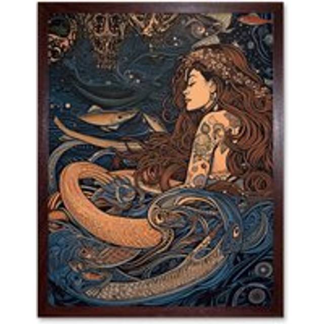 Wall Art Print Little Mermaid and Aquatic Animals Art Framed - Brown - W12 inch x H16 inch