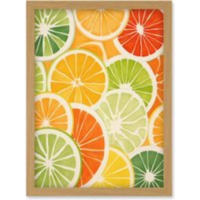Wall Art Print Slices of Limes Oranges and Grapefruit Bright Watercolour Painting Kitchen Artwork Framed A4 - Tan - A4