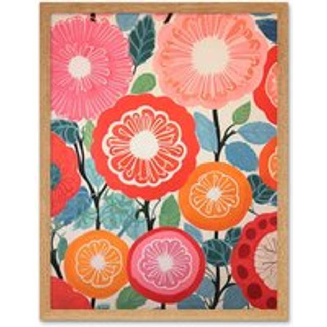 Wall Art Print Pomegranate Tree Flowers in Bloom Mediterranean Bright Floral Abstract Artwork Art Framed - Tan - W12 inch x H16 inch